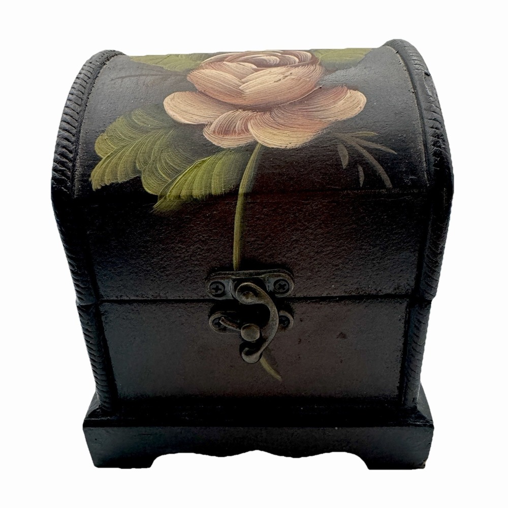 VTG Wooden Hinged Trinket Box Pink Rose Hand Painted Vintage Classic Felt Inside